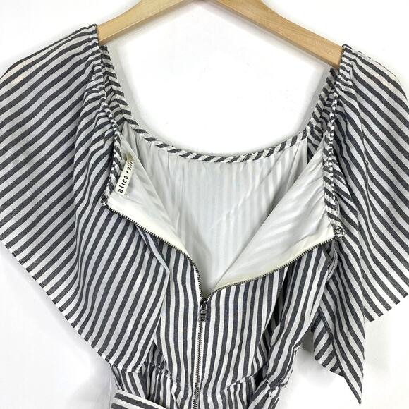 ALICE+OLIVIA Dory Romper Shorts Sz 0 Black Stripe Off Shoulder Ruffled Coastal - Picture 8 of 12